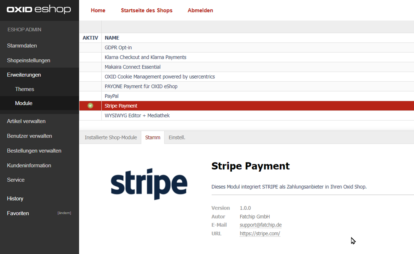 Stripe for OXID successfully installed