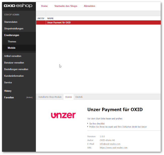 Unzer Payment für OXID erfolgreich installiert