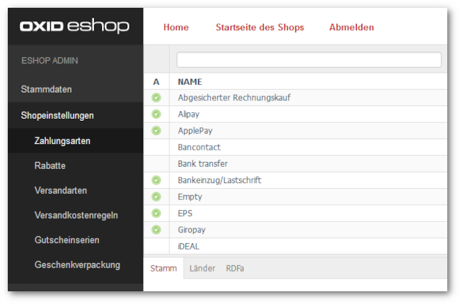 Automatisch aktivierte Zahlungsarten