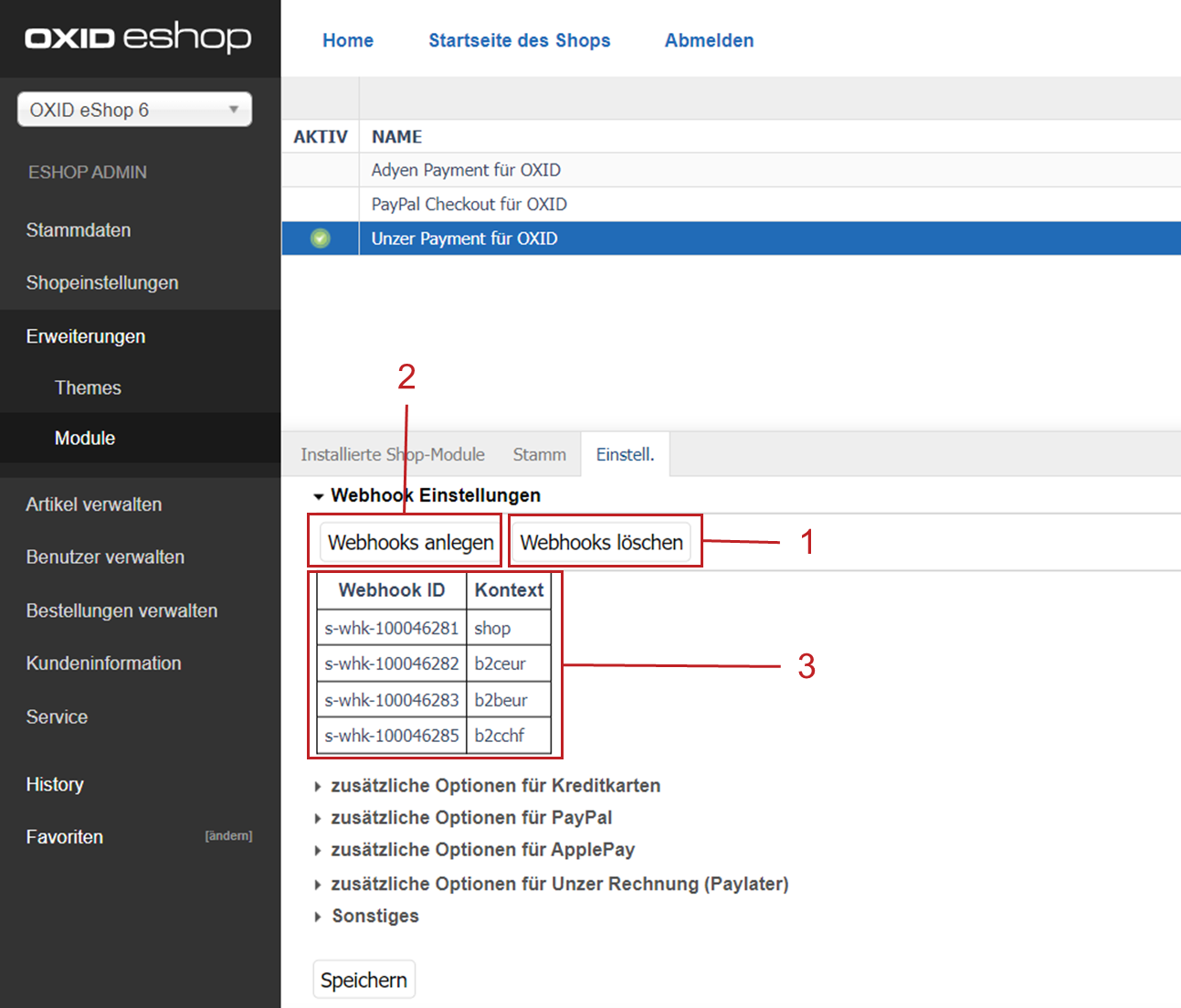 Webhooks anlegen und IDs anzeigen