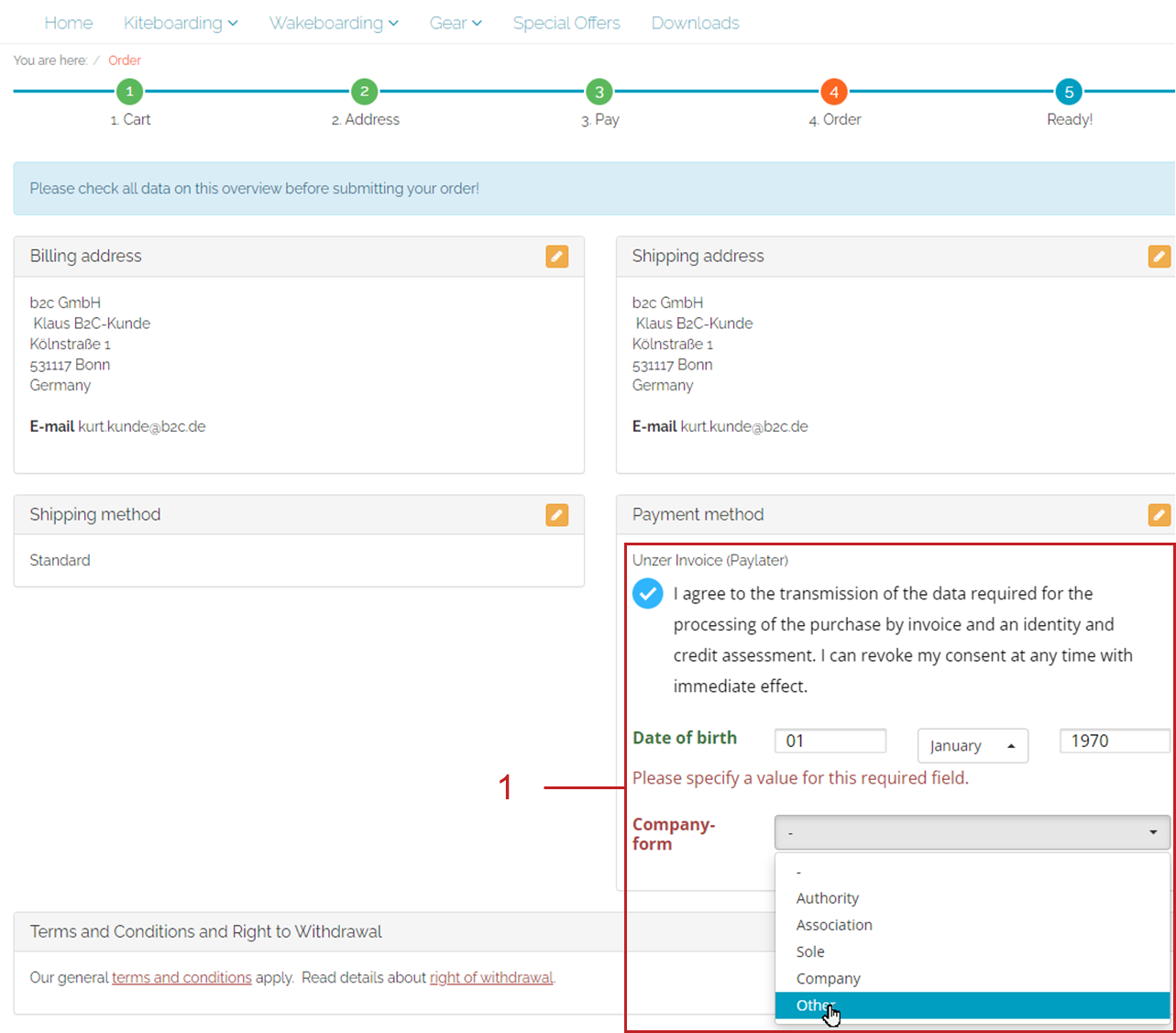 Specifying the date of birth and company form