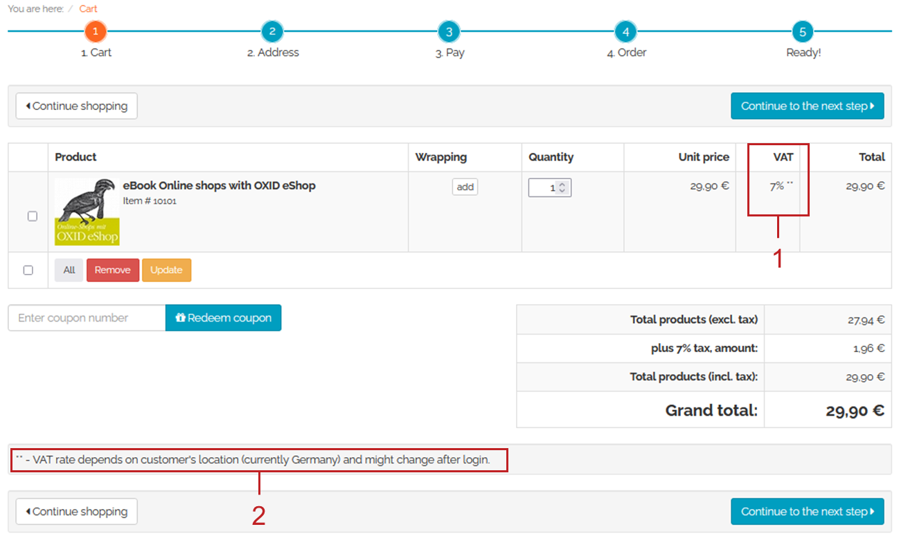 Order step 1 with reference to VAT calculation