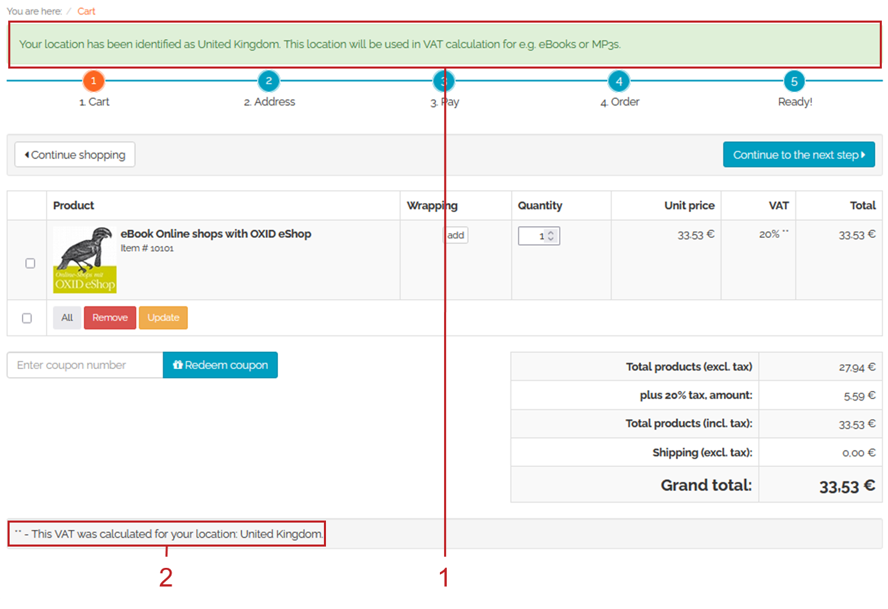Order step 1 with reference to customer location and VAT calculation