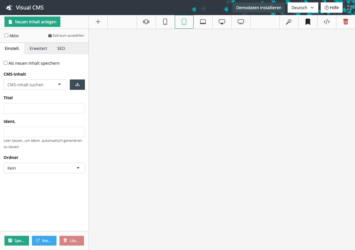 Visual CMS Übersicht mit Demodaten