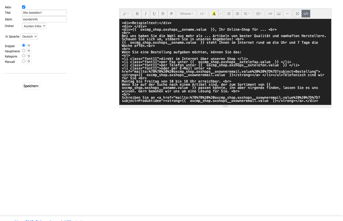 Quellcode-Ansicht des WYSIWYG-Editors