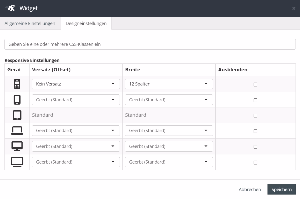 Designeinstellungen für Widgets